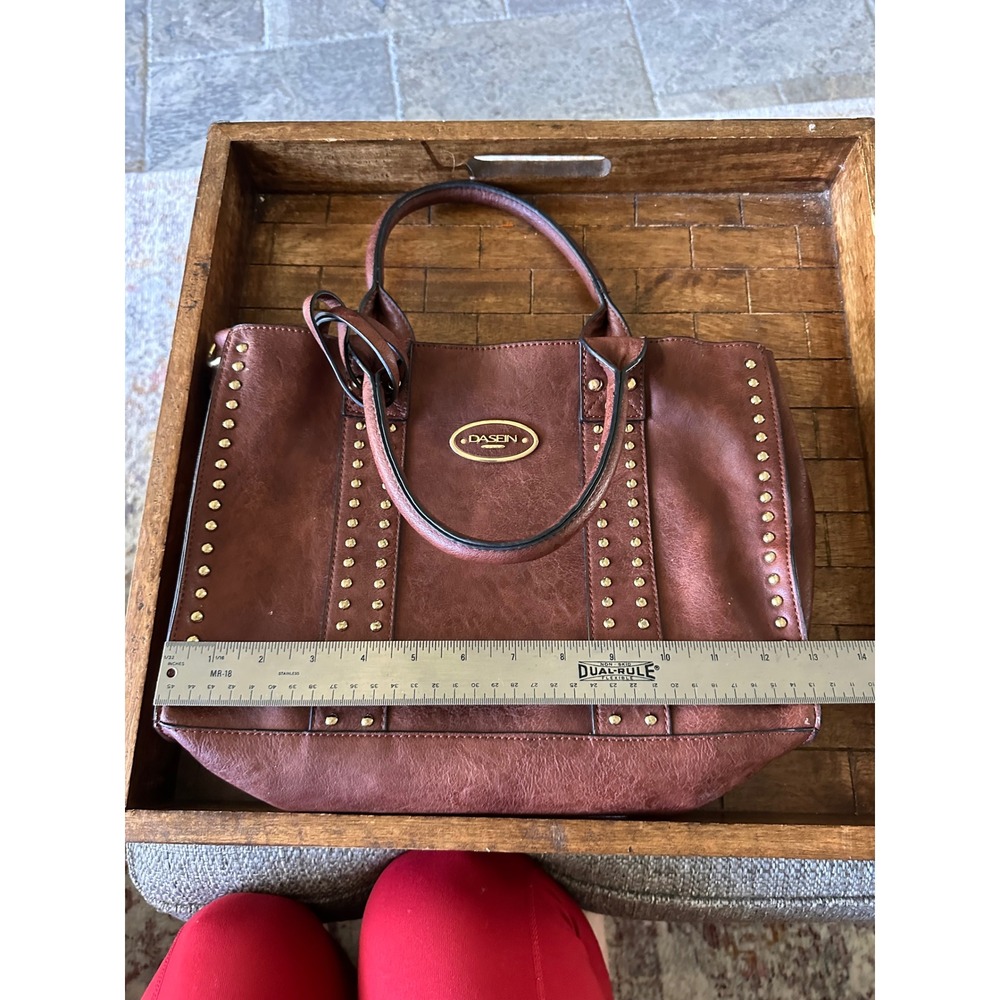 Dasein Brown Vegan Leather Studded Tote Bag Satchel with Matching Pouch Gold EUC - Picture 10 of 16
